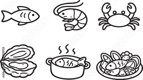 Six simple black line of seafood and dishes including fish shrimp crab oyster and cooked fish
