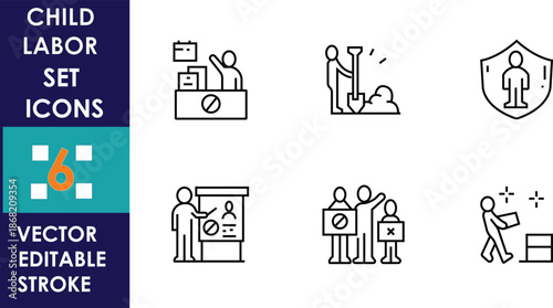 Minimal line icons illustrate child labor issues including factory work, exploitation, education rights, protection, and advocacy, presented as an editable vector icon set collection