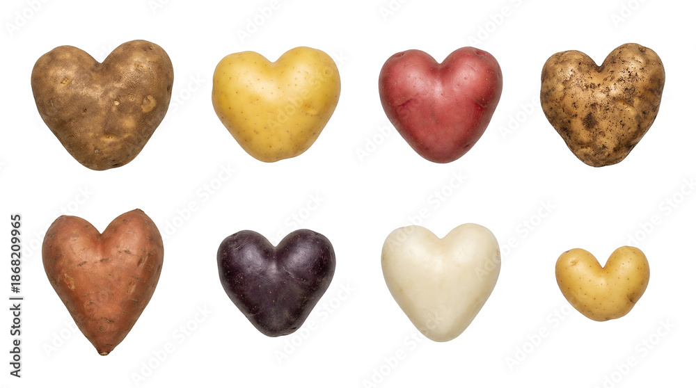 Obraz premium Heart shaped potato set including russet, gold, red, sweet, and purple varieties isolated. Vegetable collection for valentines day and healthy food concepts.
