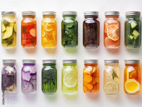 Variety of colorful drinks in jars displayed on a white surface, showcasing different ingredients and colors during daylight