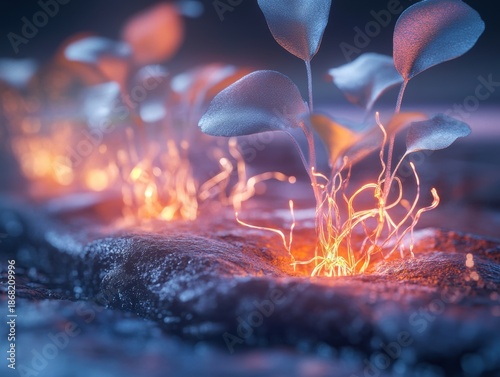 Plants growing from a rocky surface with glowing roots in a dark environment during nighttime