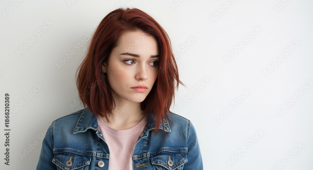 Fototapeta premium 赤い髪の若い女性が白い壁の前に佇み柔らかい光が彼女の物憂げな横顔を優しく照らす. AI Generated