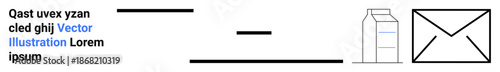 Graphic design, minimalism, packaging, communication, branding, visual content. Abstract layout horizontal lines, milk carton shape and envelope icon. Communication and packaging