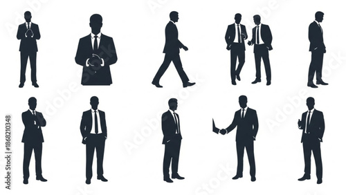 Set of various businessmen silhouettes in different poses and actions