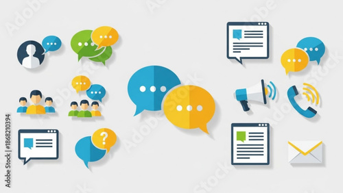 Collection of colorful chat and communication icons on a light gray background for various messaging and social media concepts