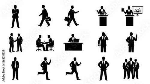 Collection of business people in various professional poses and actions