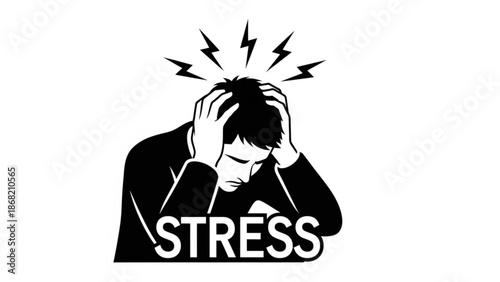 Black silhouette of a stressed man with hands on head and lightning bolts