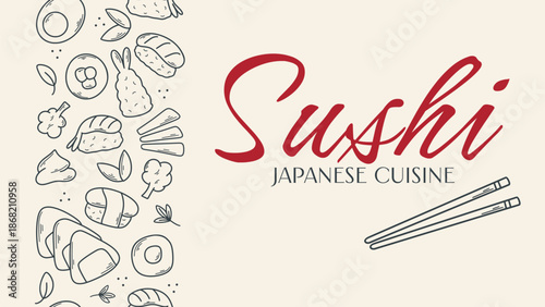 Japanese cuisine horizontal banner. Template with hand drawn sushi, sashimi, tempura, vegetables and text. Presentation for sushi restaurant, cafe, takeout or delivery. Vector graphic
