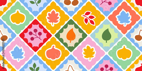 A colorful seamless pattern featuring fruits leaves and floral diamond shapes
