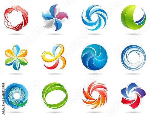 Colorful abstract shapes, swirls, and spherical designs on white backdrop