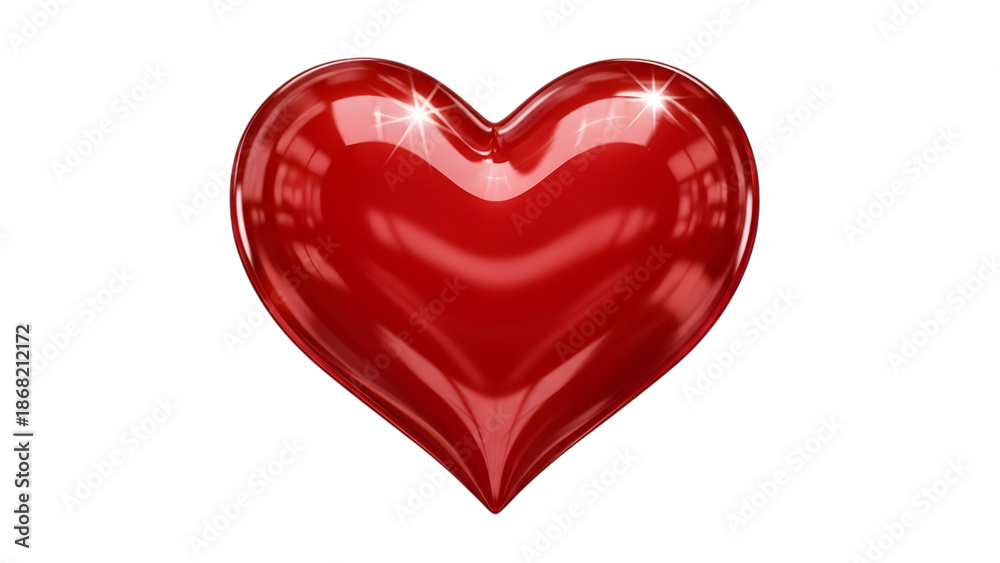 Fototapeta premium Brilliant Glossy Red 3D Heart with Sparkling Reflections Isolated on White Background, Valentine's Day and Romance Symbol