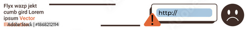 Website errors, cybersecurity risks, online maintenance, user experience, communication, digital troubleshooting. Icon of a broken link with a warning sign and sad emotion. Website errors