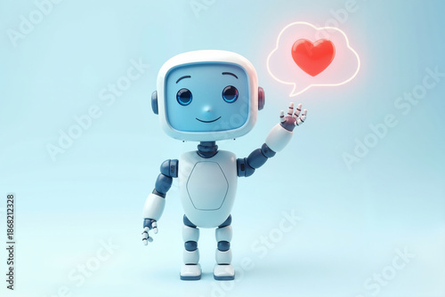 Cute 3D robot with a friendly mood waving a hand with a floating heart speech bubble against a light blue background with copy space