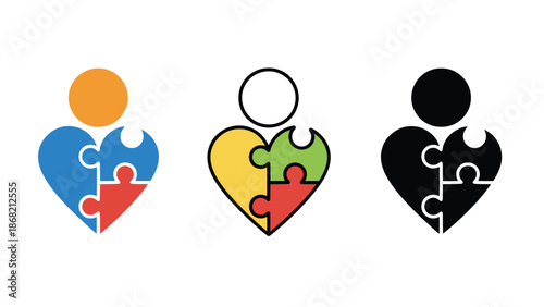 A set of colorful puzzle piece heart icons representing unity and love