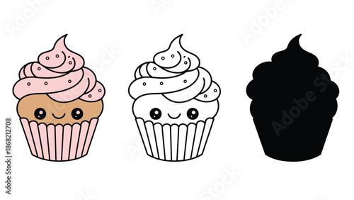 A colorful illustration of cupcakes with different designs and expressions