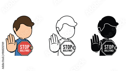 A set of illustrations depicting people holding stop bullying signs in different colors