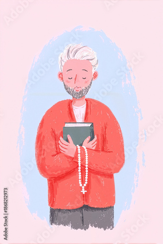 Ramadan Kareem background with peaceful praying man holding holy book and tasbih, spiritual concept