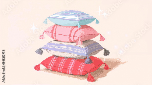 Ramadan Kareem background with decorative oriental pillows in soft pastel colors, cozy islamic decor