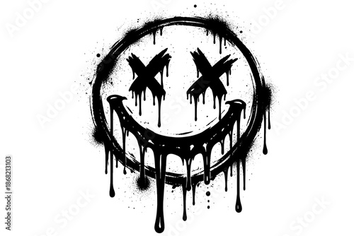 Grungy dripping smiley face with x eyes on white background