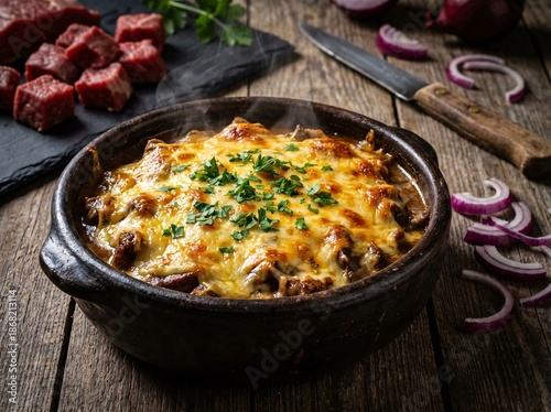 Steaming hot meat and cheese casserole served in a rustic clay pot on wooden table