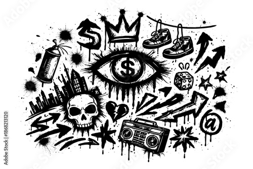 Urban graffiti art with edgy symbols and street elements in black and white