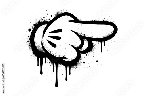 Graffiti style dripping hand pointing right with black splatter art