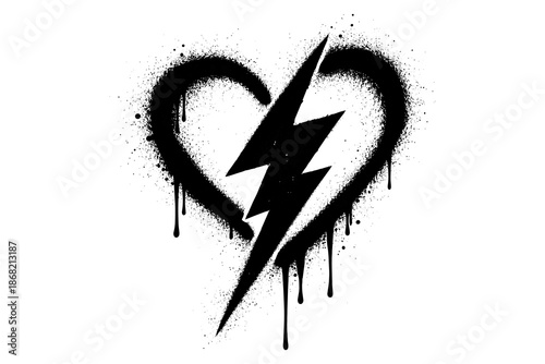 Grunge heart with lightning bolt and drips on white background
