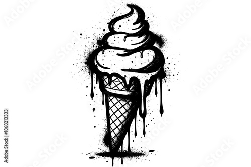 Dripping black and white grunge ice cream cone art with ink splatter