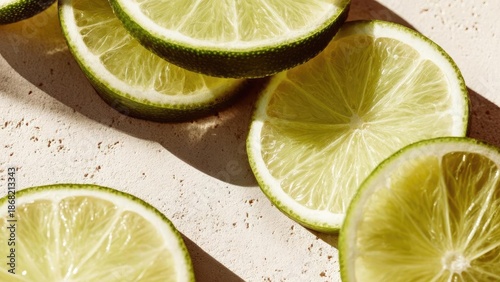 Slices of lime arranged on a light textured surface, bright green rind and juicy pale-green interiors. Concept Lime Slices, Citrus Colors, Bright Green, Juicy Interiors, Light Textured Surface