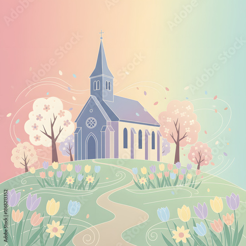  Peaceful Church Building on Green Hill with Flowering Trees and Spring Tulips Under Pastel Sky