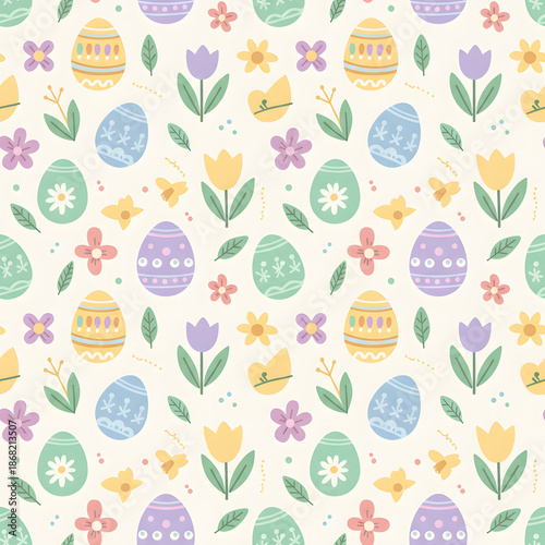 Pastel Easter Eggs and Spring Flowers Seamless Repeat Design with Green Leaves and Dots