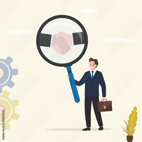 Compliance, business transparency. Smart businessman or auditor uses magnifying glass and checks quality and transparency of business deal. Agreement, merger and acquisition
