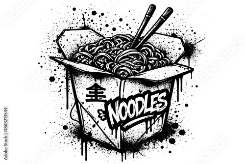 Grunge style noodles in takeout box with chopsticks