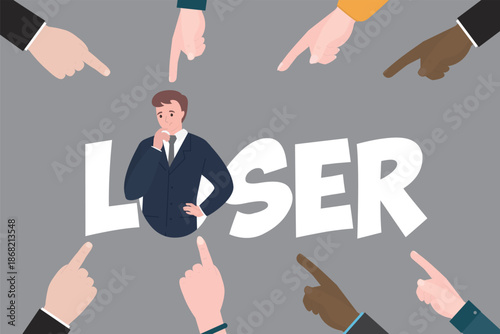 Loser sign, young upset businessman or student. Failure, mistake concept. Portrait of male character standing in letter. Various hands pointing on victim. Bullying, shaming