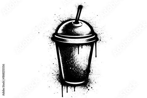 Graffiti style black and white dripping cup with straw on white background