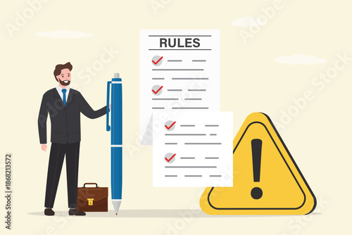 Businessman uses pen and writing rules and regulations document. Rules, policy and guideline for employee to follow, legal term, corporate compliance or laws, standard procedure.