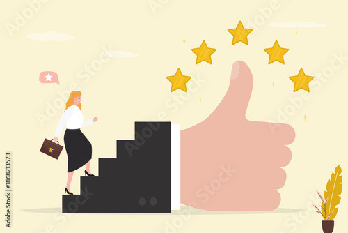 Smart businesswoman begin to climb on ladder to giant thumb up. Success steps to reach work achievement, stair of success, self improvement, career development,