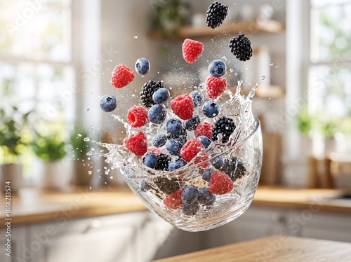 Fresh raspberries and blueberries splash into a clear bowl of water in a bright kitchen