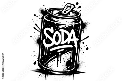 Black and white graffiti style soda can with splash effects