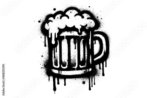 Graffiti style dripping beer mug with foam in black and white artwork