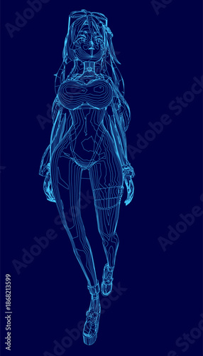 A blue anime girl with long hair poses confidently in a swimsuit, rendered in a clean illustrative style.