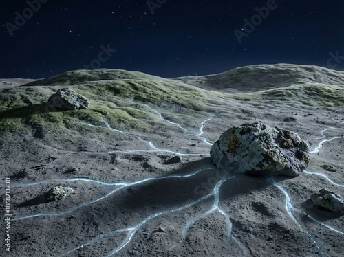 Alien landscape with glowing blue liquid flowing across cratered ground under a starry night sky