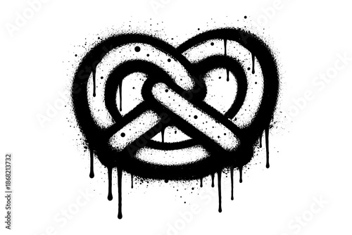 Urban graffiti pretzel: black and white street art with dripping paint effect