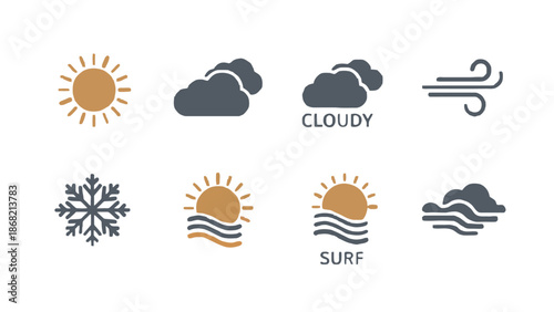 A collection of weather icons on a clean white background