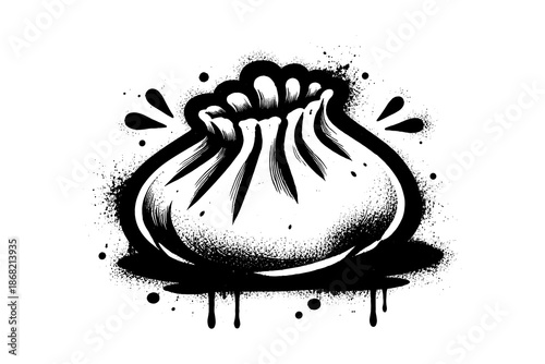 Dynamic black and white ink splatter dumpling design with grunge texture