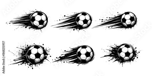 Grunge soccer ball design set with dynamic speed effects