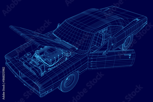 A vintage sports car wireframe model with an open hood is rendered in realistic 3D on a solid blue background.
