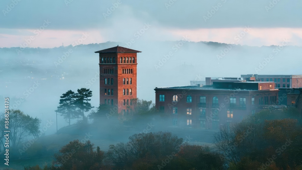 Obraz premium Tall red brick tower and adjacent brick buildings rise above thick fog on a hill, with trees in the foreground. Concept Foggy hilltop cityscape, Red brick tower, Historic brick buildings