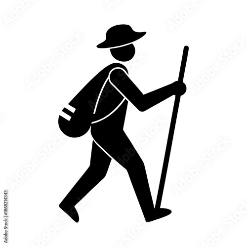 Mountain Hiker with Backpack Vector Silhouette.