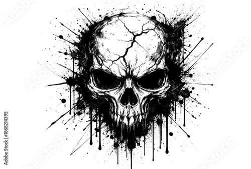 Dark grunge skull with splatter effects and cracks in ink style illustration